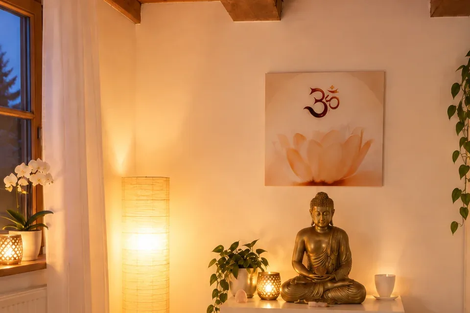 Der Praxisraum am Abend in warmem Licht mit Stehlampe, Orchidee, Windlichtern und Buddha-Figur unter dem Lotusbild